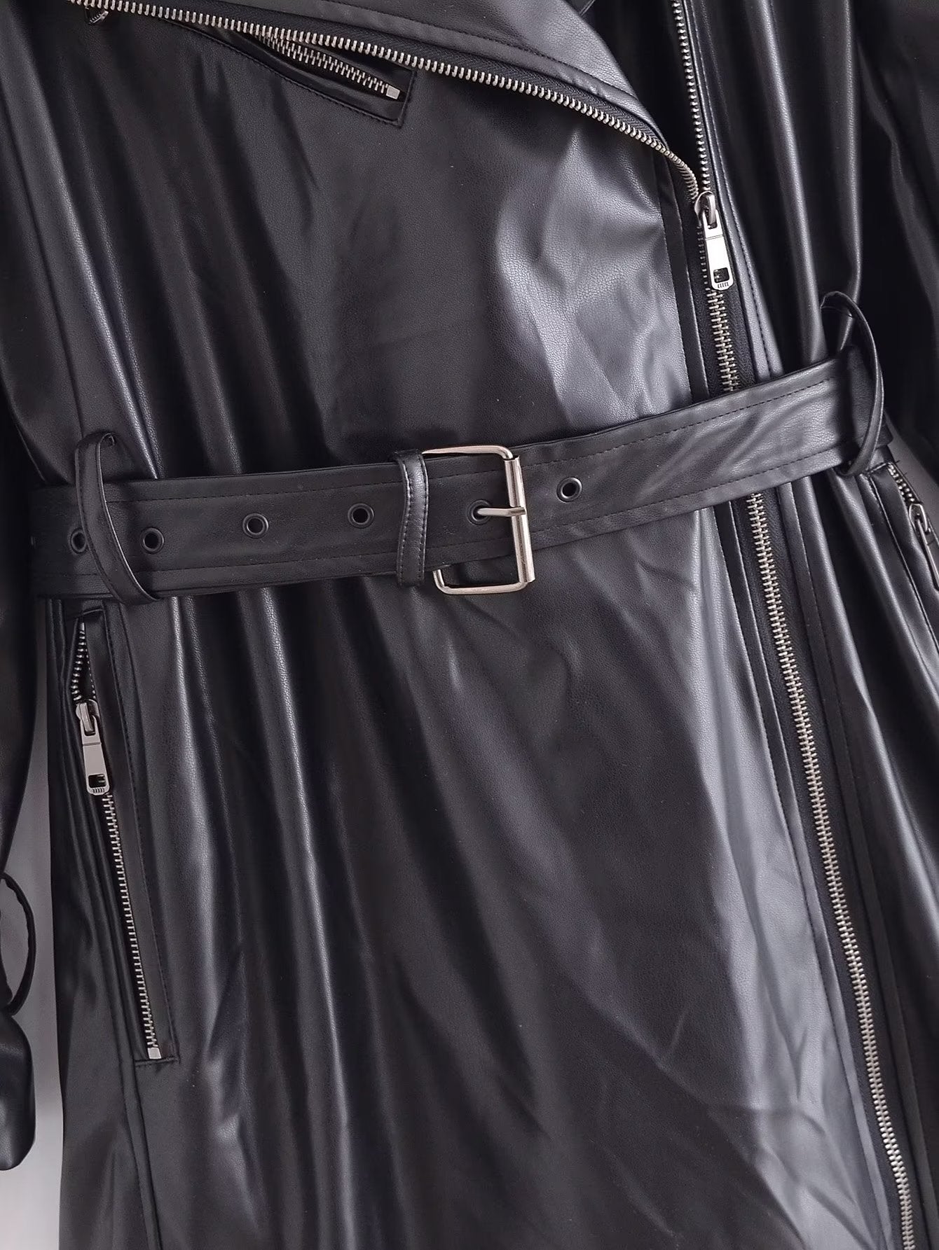 Black Faux Leather Trench Coat for Women: Fall Outerwear with Belt
