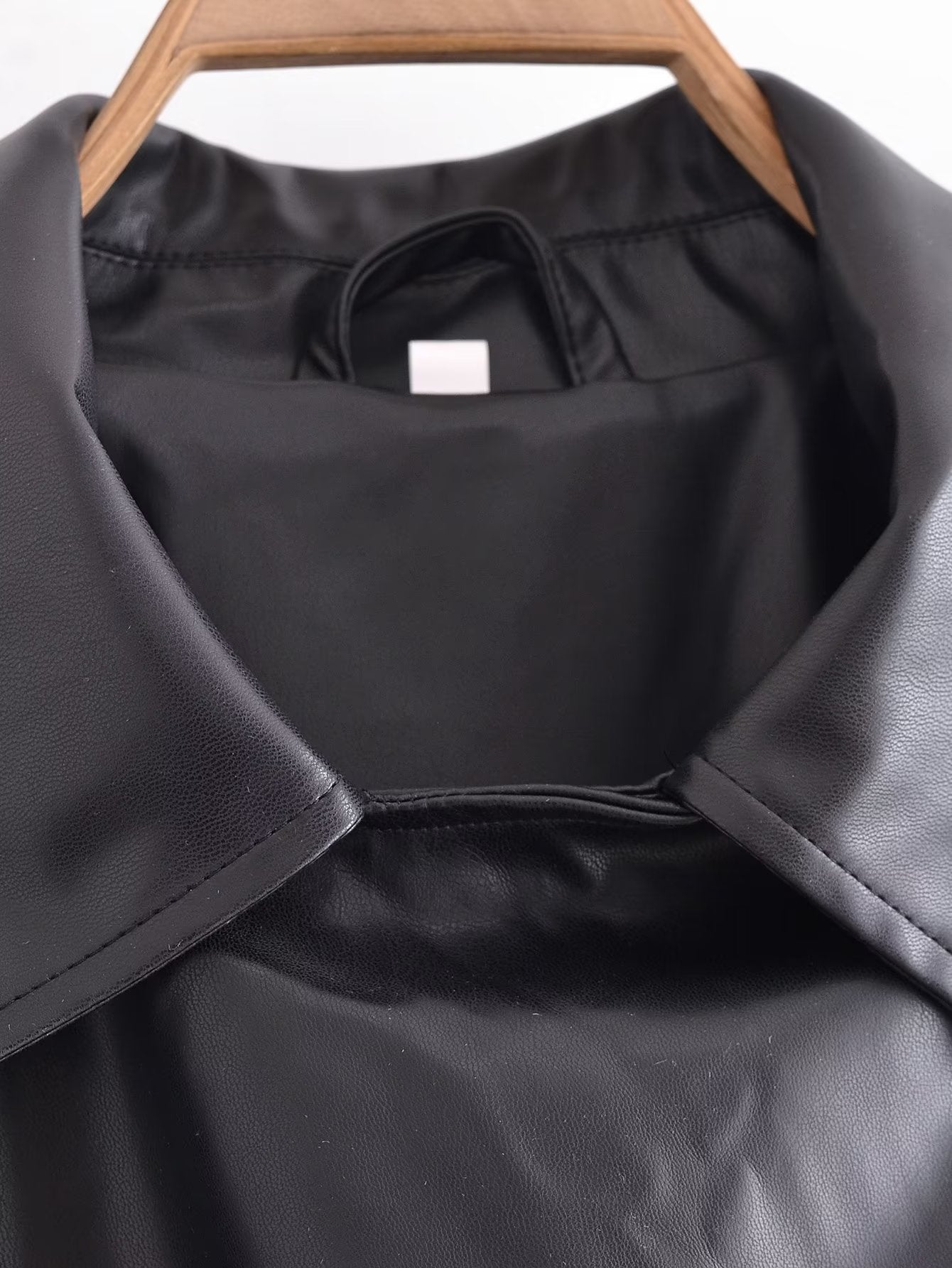Black Faux Leather Trench Coat for Women: Fall Outerwear with Belt