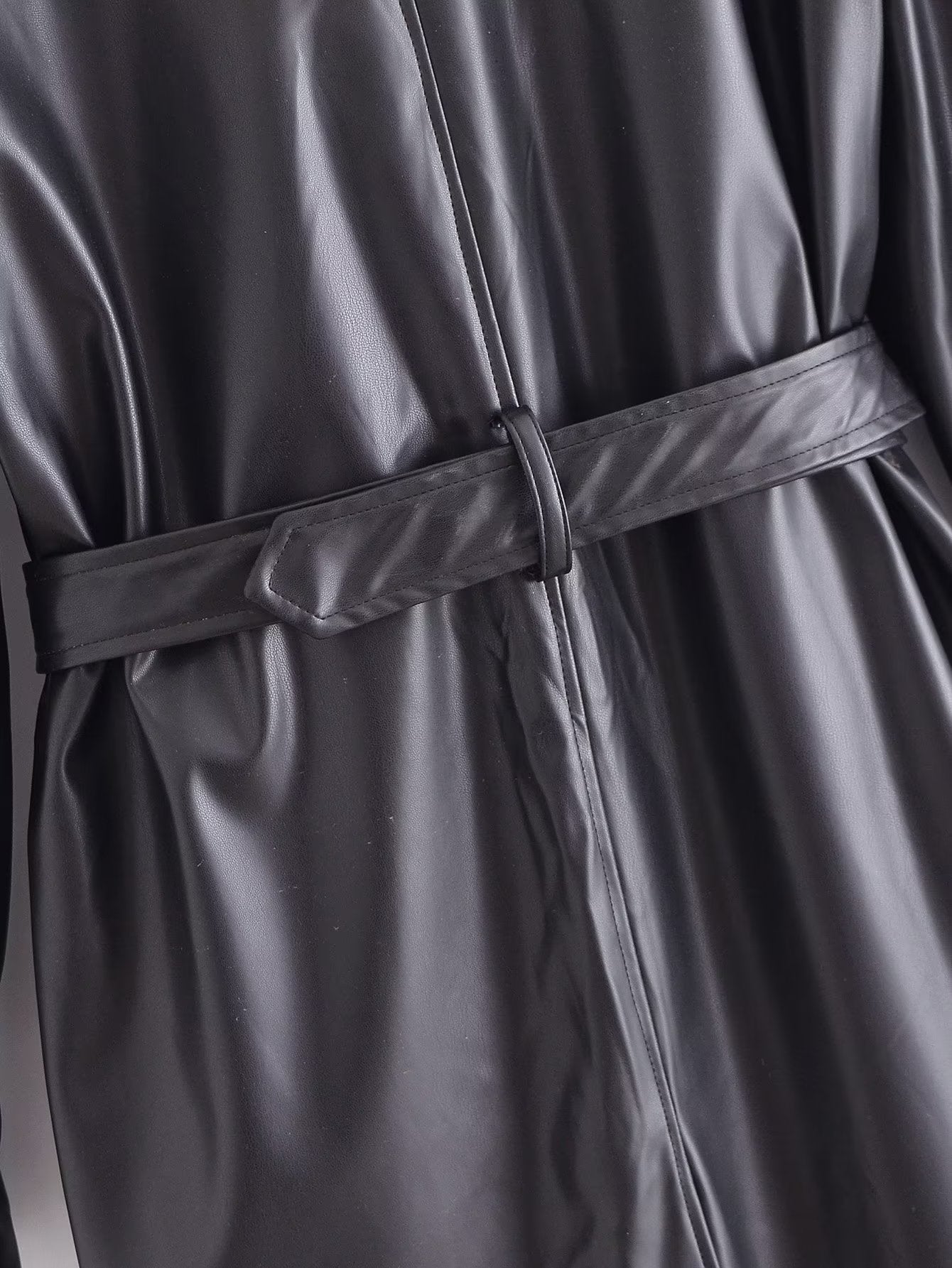 Black Faux Leather Trench Coat for Women: Fall Outerwear with Belt