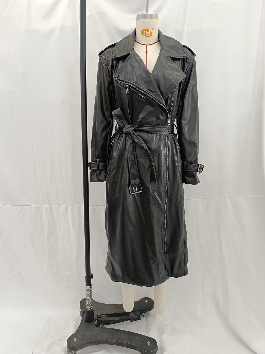 Black Faux Leather Trench Coat for Women: Fall Outerwear with Belt