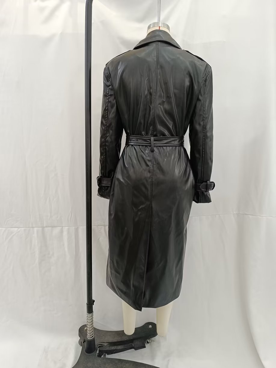 Black Faux Leather Trench Coat for Women: Fall Outerwear with Belt