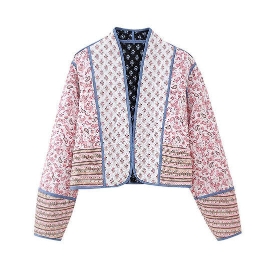 Women’s Double Sided Quilted Jacket – Elegant Printed Polyester, Fall/Winter