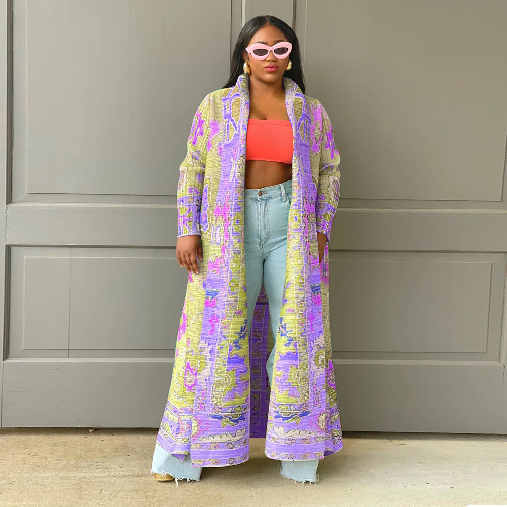 Elegant Printed Pleated Maxi Coat: Women's Long Statement Outerwear