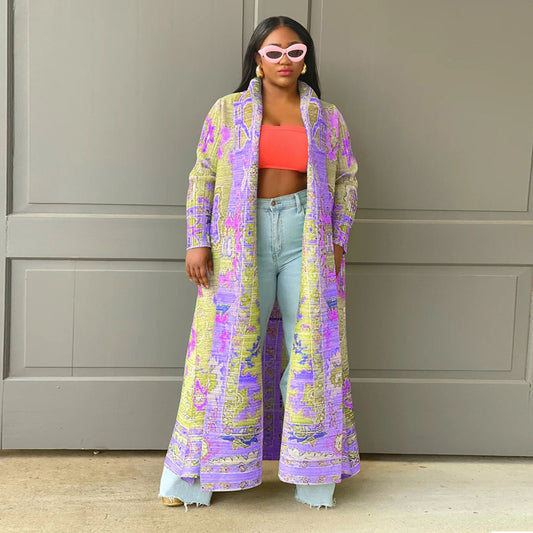 Elegant Printed Pleated Maxi Coat: Women's Long Statement Outerwear