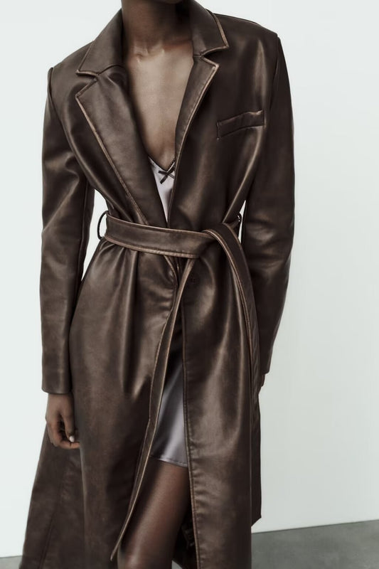 Chic Distressed Effect Faux Leather Coat – Casual Fall/Winter Outerwear