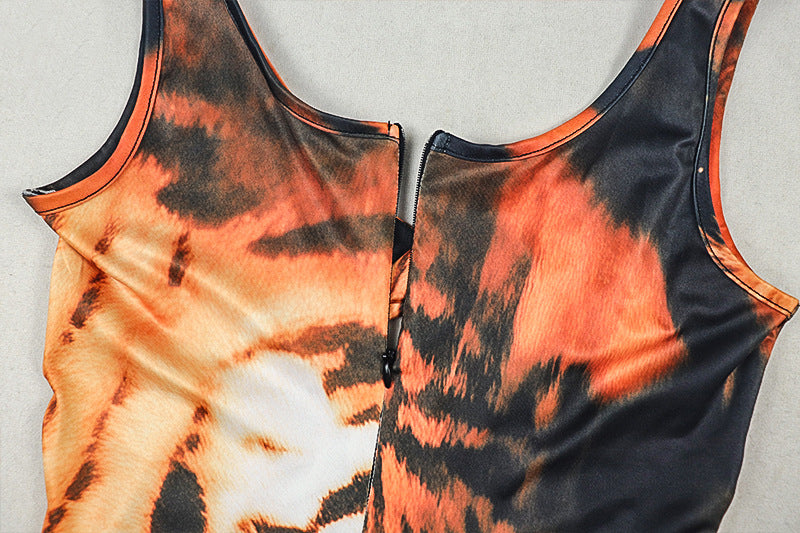 Women’s Tiger Print Jumpsuit – Sleeveless V-Neck Slim Fit, Full Length