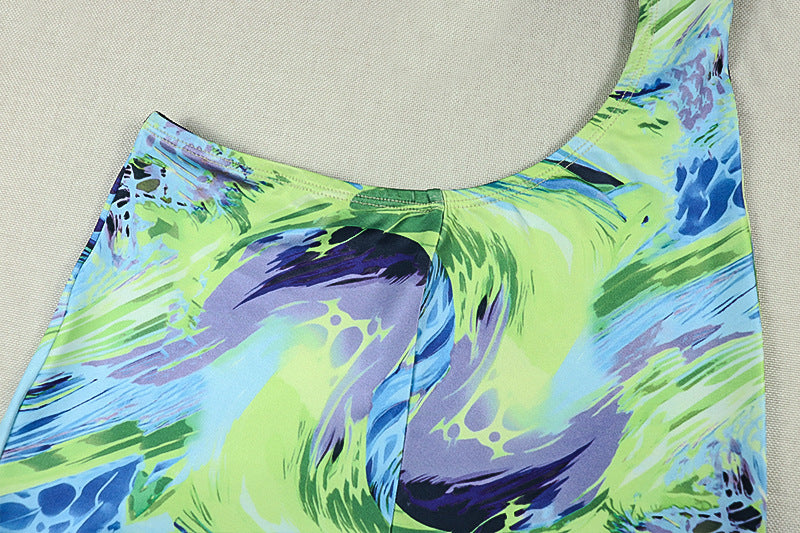 Green Floral Print Bandeau Jumpsuit - Backless Cutout Lace-Up Asymmetric Outfit