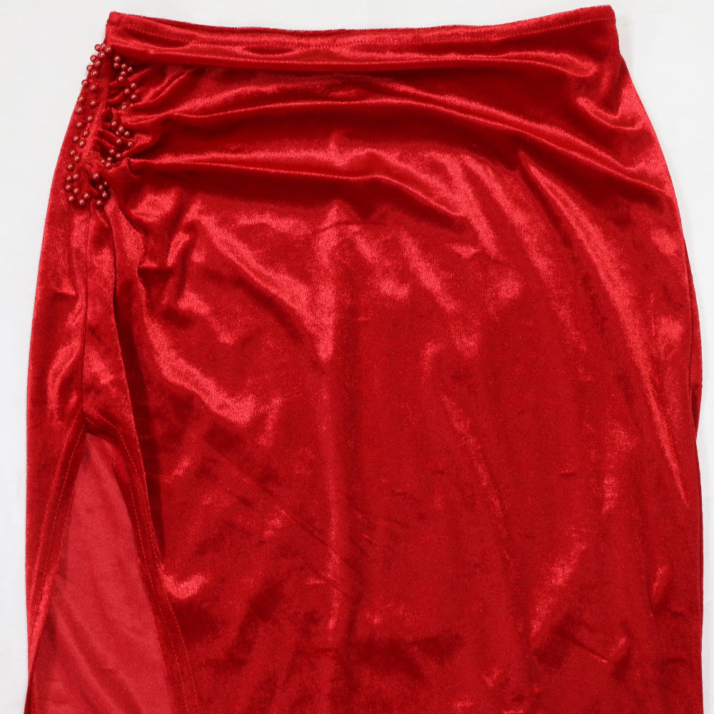 Red Velvet & Sequin Two Piece Set: Long Sleeve Top & High Slit Skirt