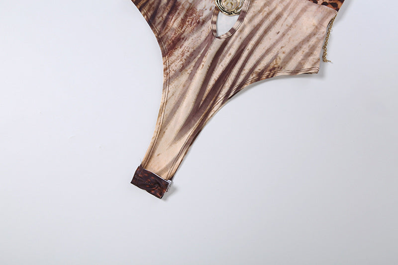 Brown Animal Print Chain Halter Bodysuit & Maxi Skirt Set - Twisted Ruched Fringe Cutout 2-Piece Set