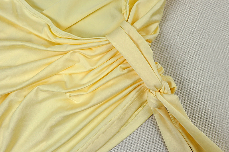 One Shoulder Asymmetric Crop Top & Midi Skirt Set | Ruched Long Sleeve Two-Piece Set | Yellow | Sizes S-L