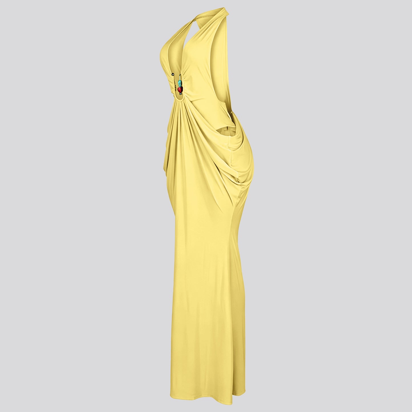 Women's Halter V-Neck Maxi Dress – Sexy Backless Lace-Up Ruched Bodycon Dress