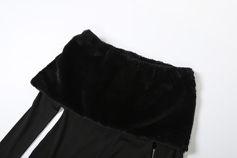 Women’s Off-the-Shoulder Slim Fit Jumpsuit – Long Sleeve Furry Patchwork Full-Length Party Outfit