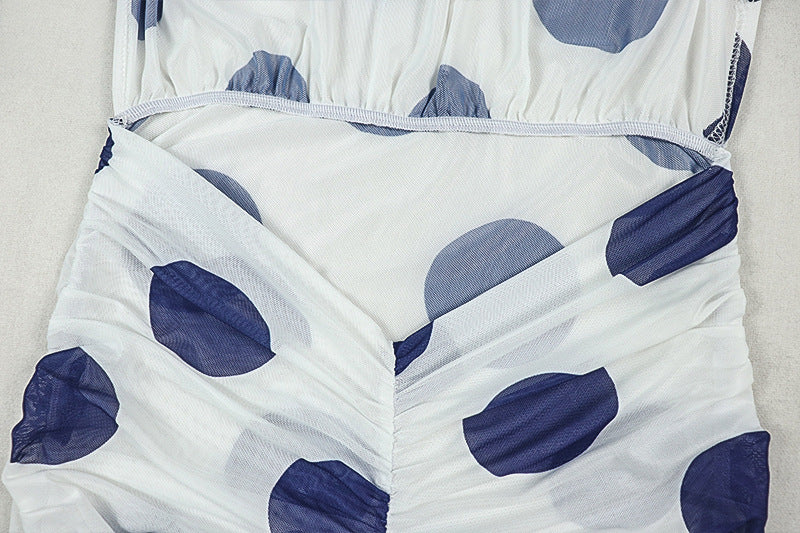 Women’s Polka Dot Backless Maxi Dress – Sleeveless Bodycon Split Dress with Ruched Tie Detail