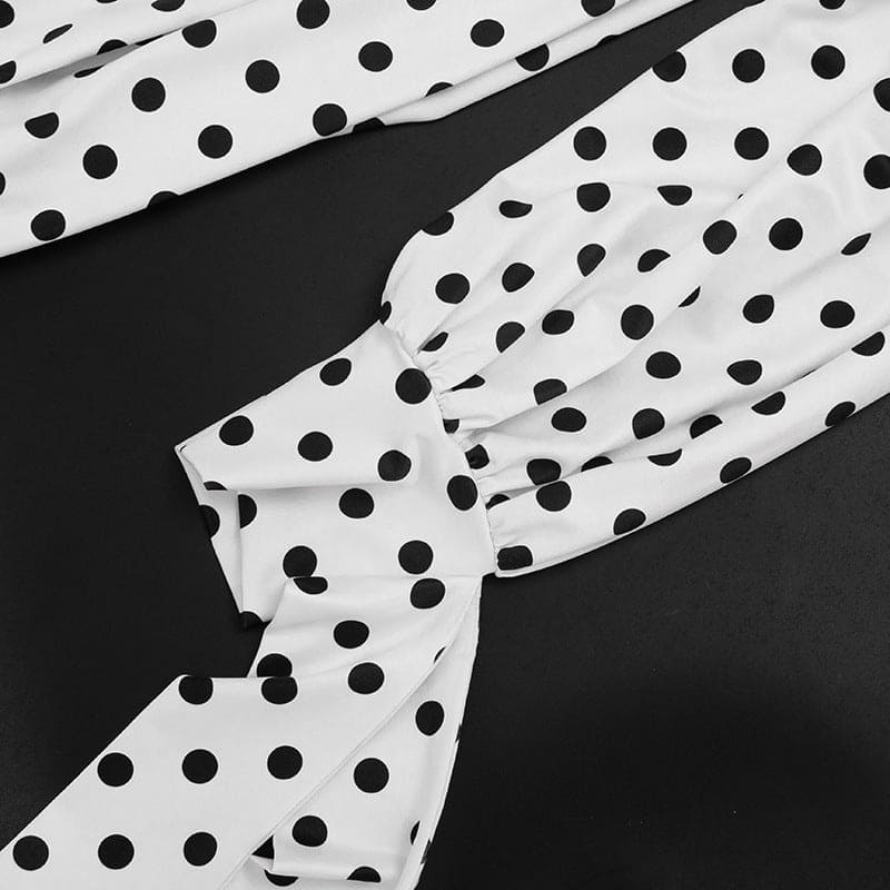 Women's Polka Dot Long Sleeve Mini Dress – High Neck Drawstring Bodycon Dress