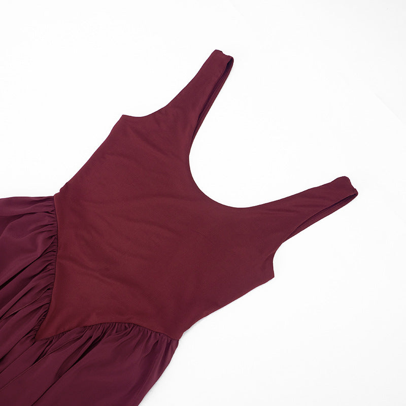 Wine Red Ruched Maxi Dress - Sleeveless Side Split A-Line Dress