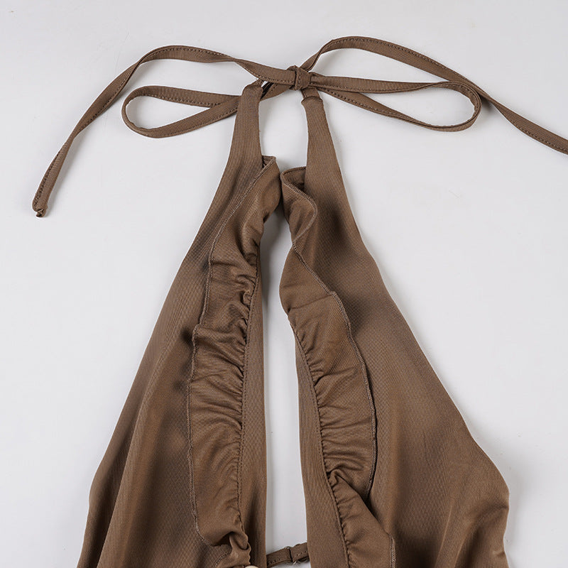 Brown Halter Ruffle Dress - Backless Asymmetric Pleated Mini Dress