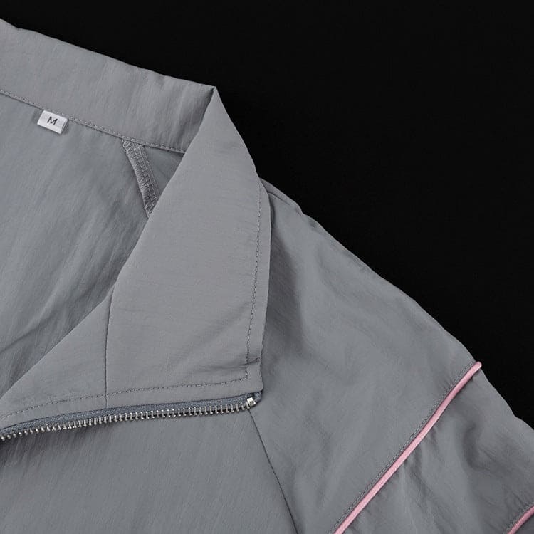 Gray Zip-Up Jacket & Shorts Set - Loose Fit Collared Athleisure 2-Piece Set