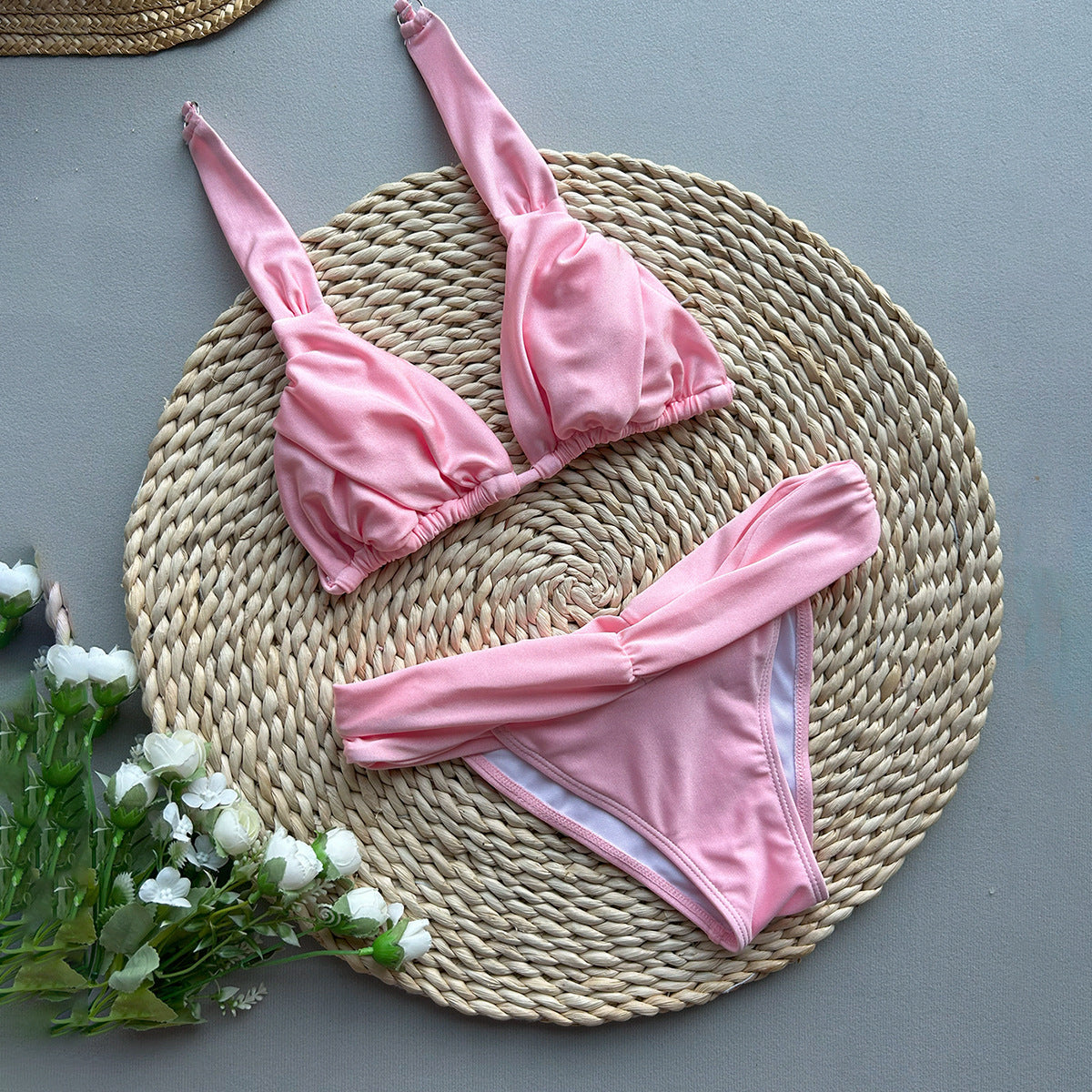 Solid Color Ruched Tie Bikini Set | Regular Strap Boho Swimsuit | 2 Colors | Sizes S-L