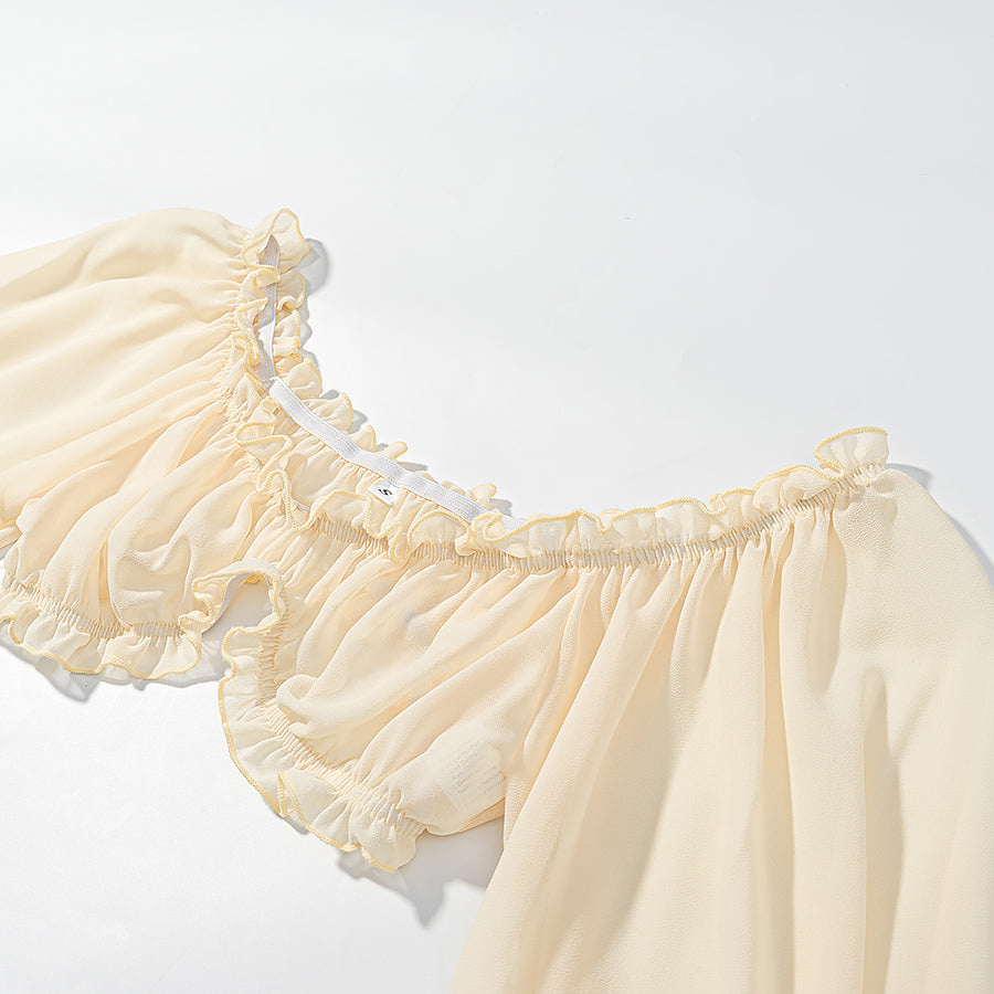 Off Shoulder Ruffle Lace Crop Top & Maxi Skirt Set | Long Sleeve Boho Vacation Two-Piece Set | Apricot | Sizes S-L