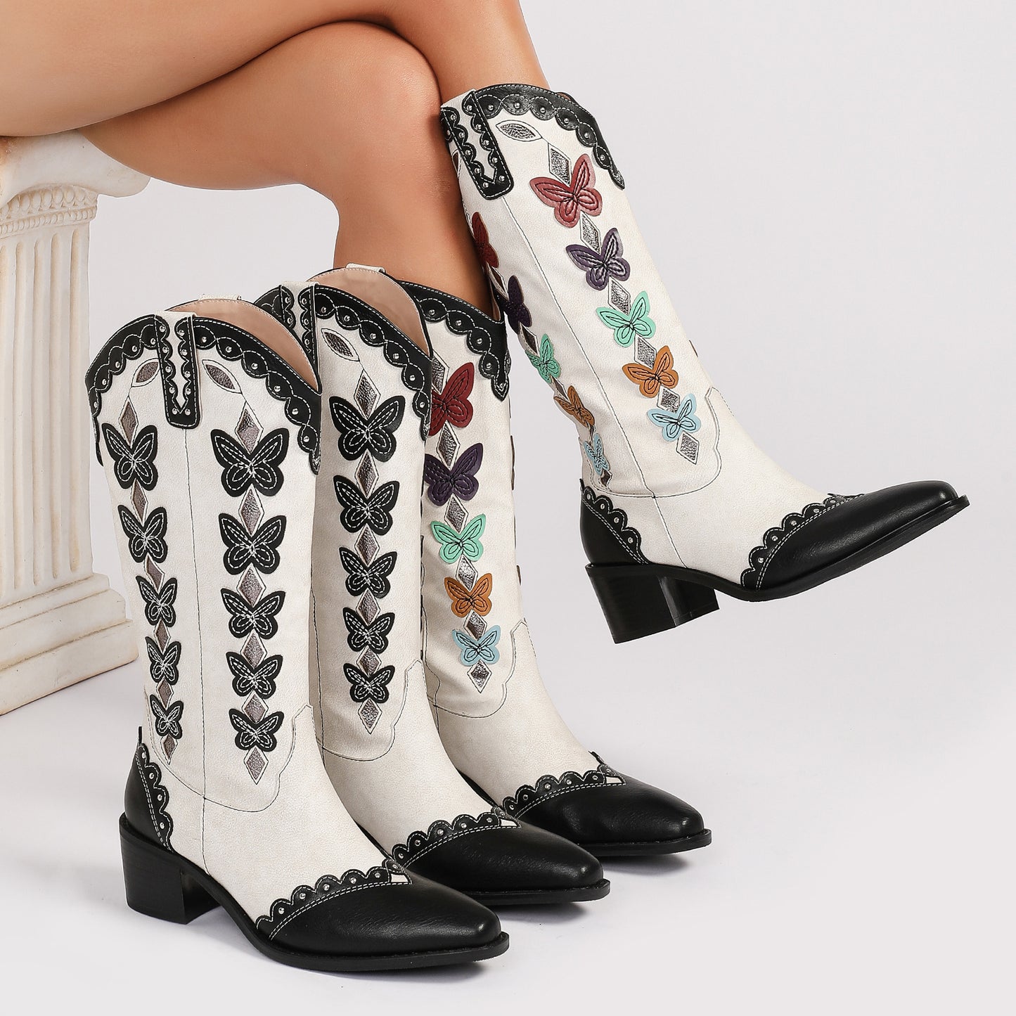 Chunky Heel Butterfly Denim Cowboy Boots