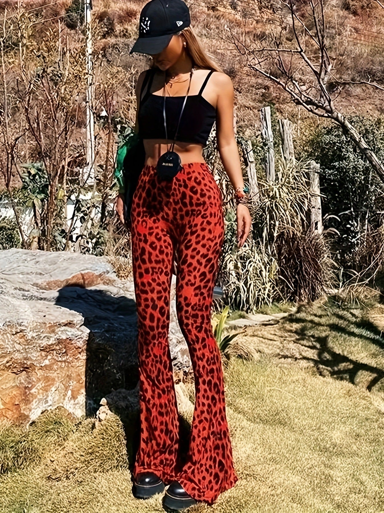 Leopard Print Bell Bottom Pants for Women: High-Waist Skinny Fit Flares