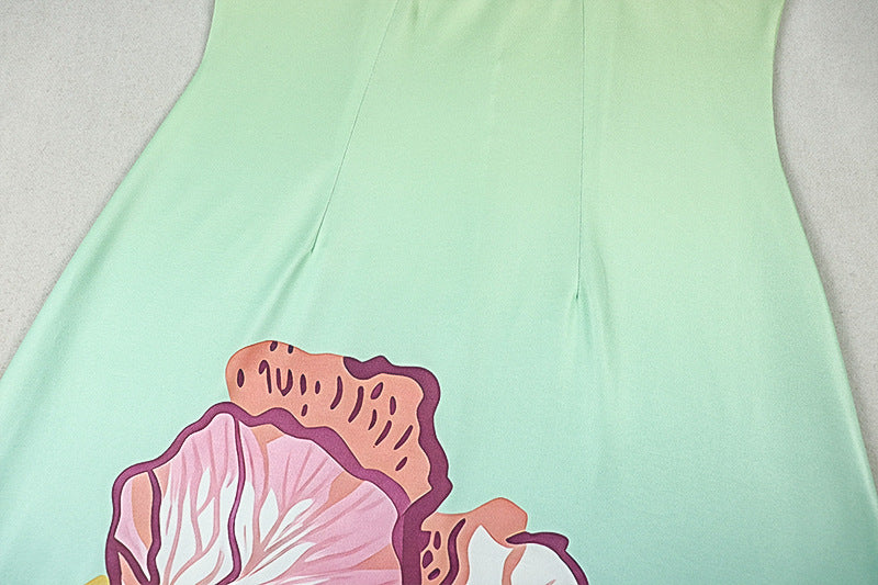 Turquoise Floral Ombre Halter Maxi Dress - Ruched Cutout A-Line Dress