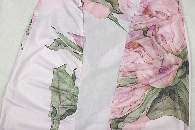 Apricot Pink Floral V-Neck Maxi Dress - Ruched Sleeveless Bodycon Dress
