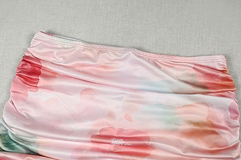 Printed Cowl Neck Backless Ruched Crop Top & Mini Skirt Set | Sleeveless Sexy Two-Piece Set | Pink | Sizes S-L