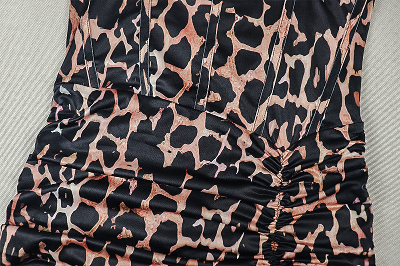 Leopard Print Corset Halter Split Maxi Dress | Backless Ruched Bodycon Formal Dress | Sizes S-L
