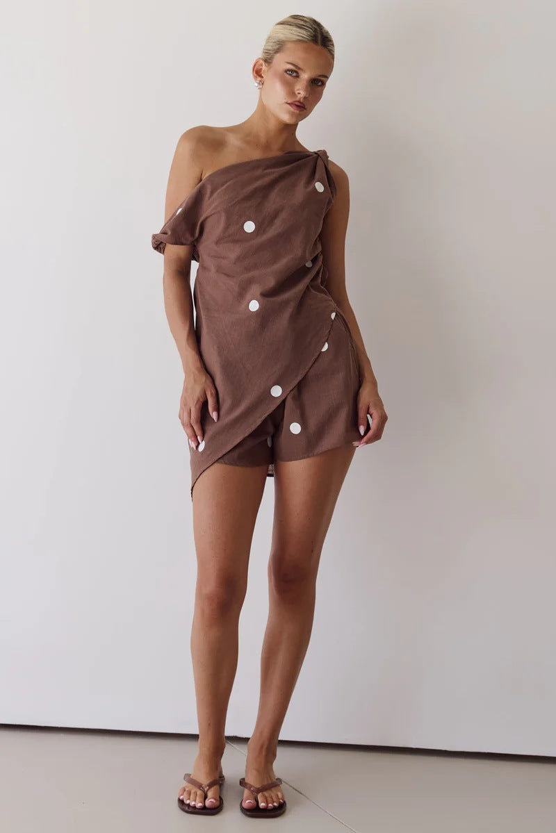 Printed One-Shoulder Top & Loose Shorts Set - Backless Asymmetric Boho 2-Piece Set