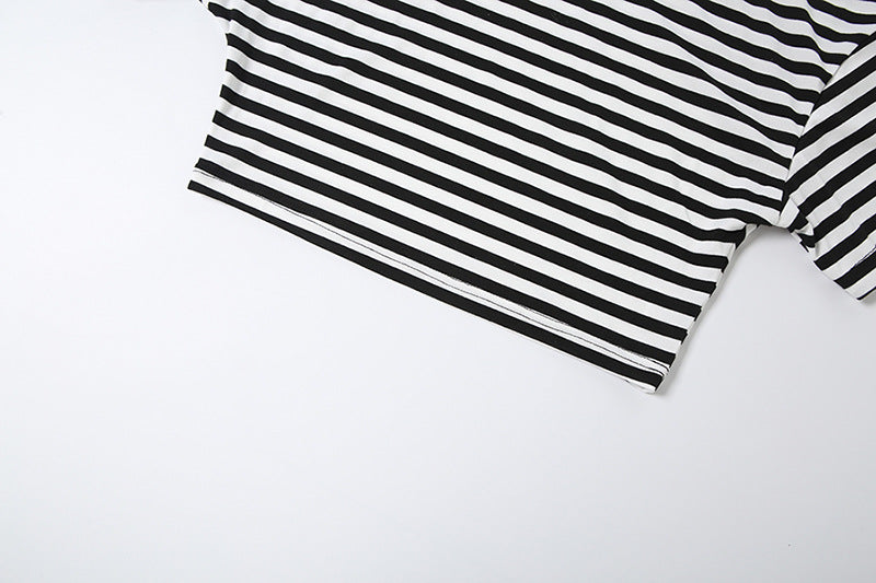 Summer Women Sexy Cropped T shirt Ribbon Shorts Striped Two Piece Sets