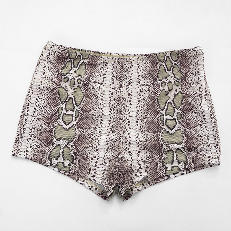 Snake Print Two-Piece Set - Halter Crop Top & Low Rise Shorts Matching Set