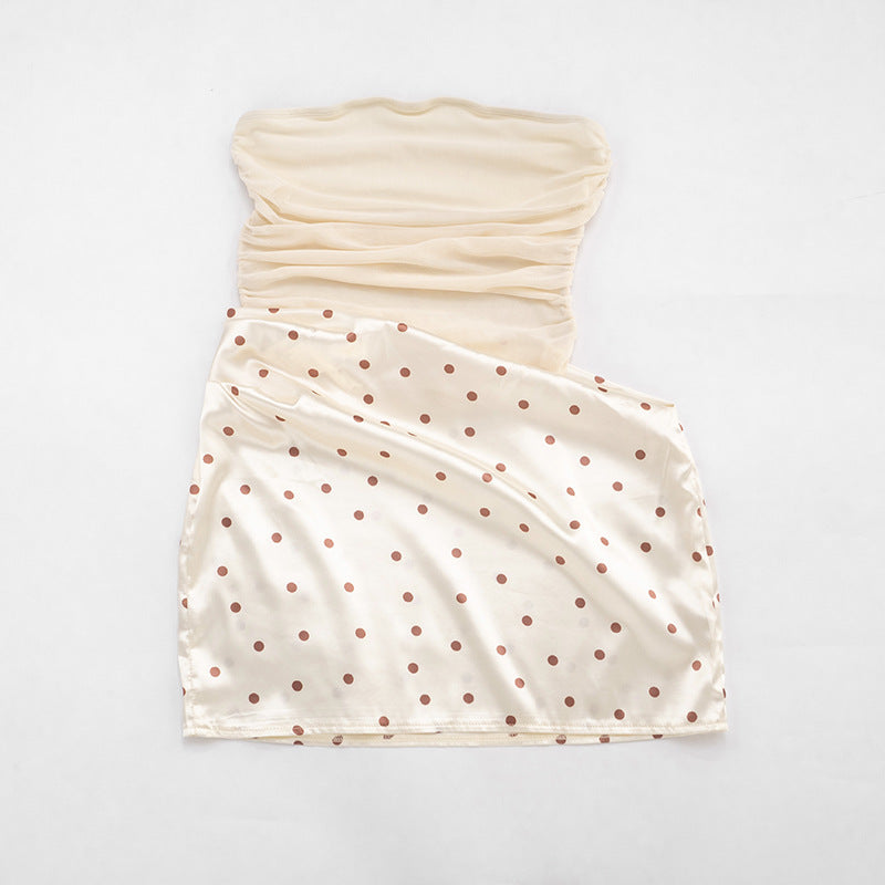 Apricot Polka Dot Strapless Bodycon Mini Dress - Cutout Ruched Mesh Patchwork Party Dress