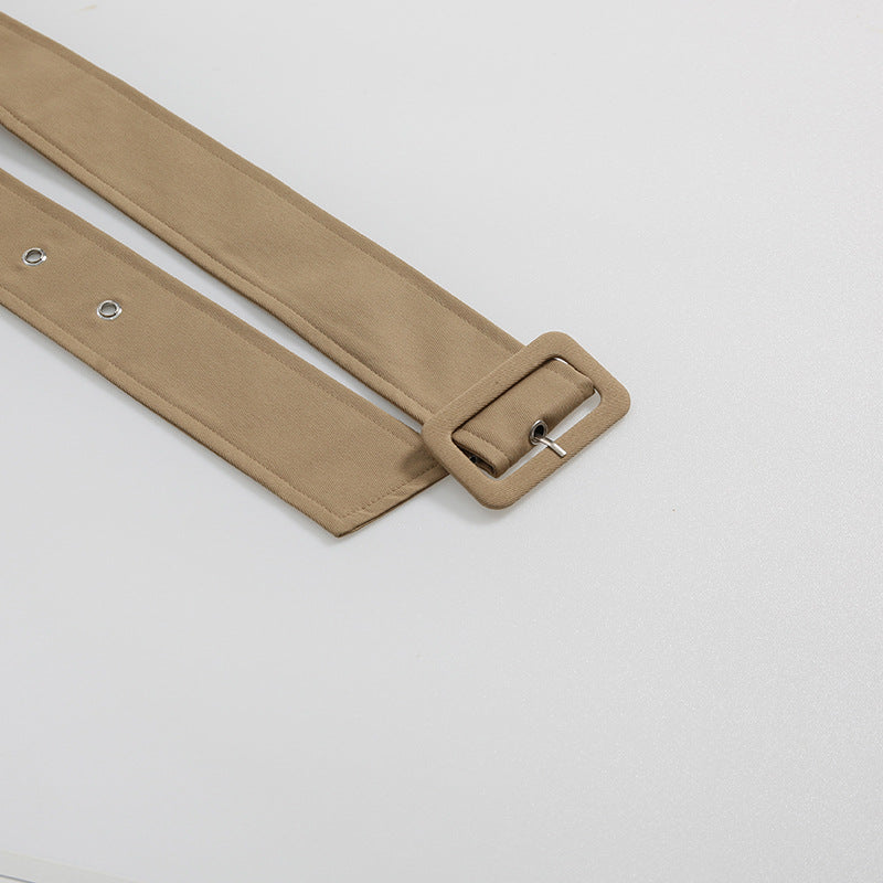 Women’s Lace Stitching Belted Trench Coat – Elegant Double-Breasted Long Coat