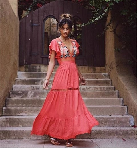 Floral Embroidered Maxi Dress - V-Neck Butterfly Sleeve Lace Ruffle A-Line Dress