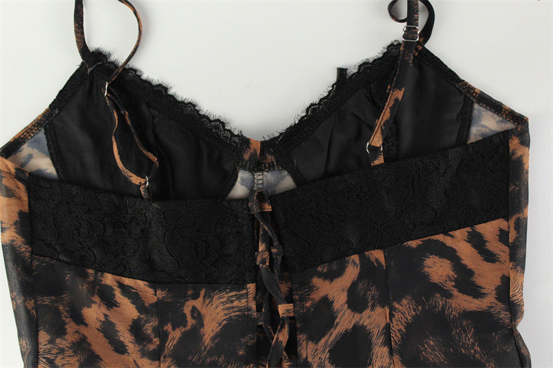 Leopard Print Mini Dress: Strappy Low Cut Lace Bodycon