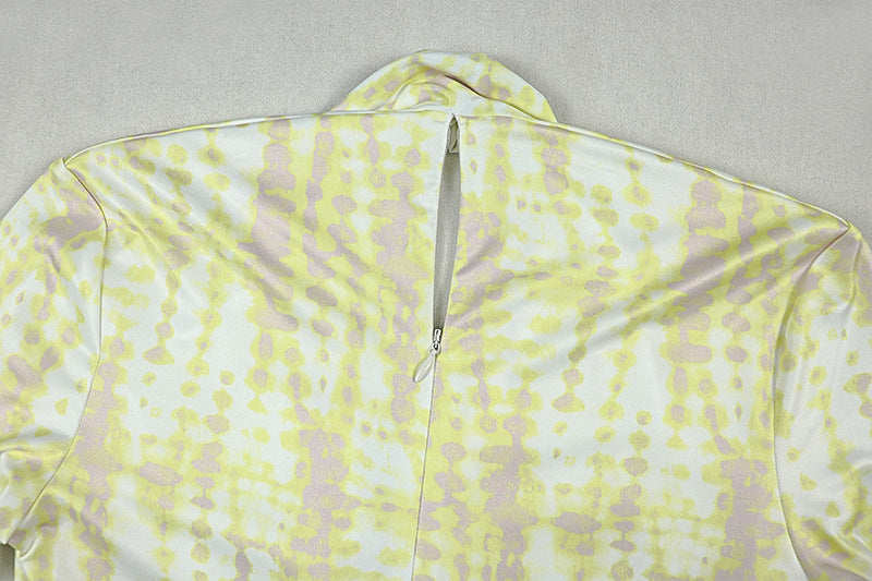 Women’s Yellow & White Printed Pleated Jumpsuit – Slim Fit V-Neck Long Sleeve, Full Length