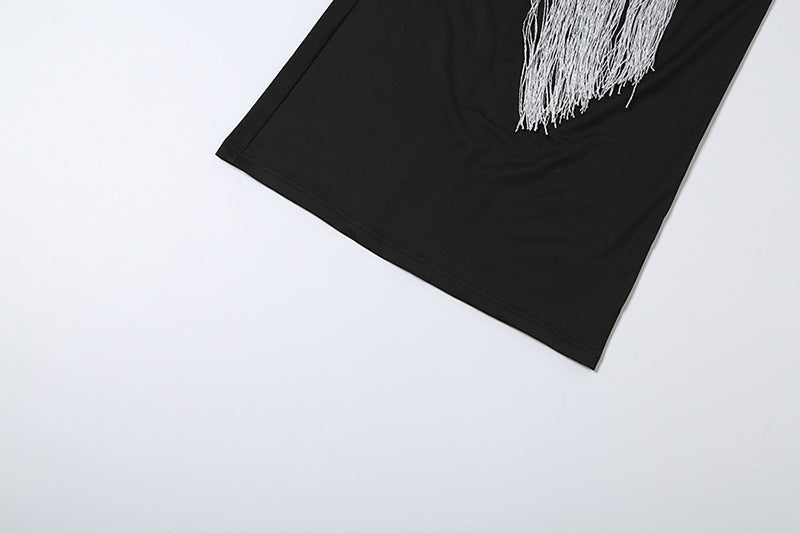 Black One-Shoulder Fringe Tassel Maxi Dress - Asymmetric Bodycon Party Dress