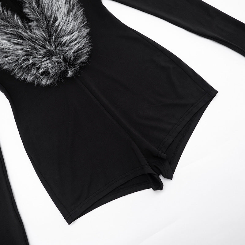 Fur Collar V-Neck Long Sleeve Romper – Elegant Tight-Fitting Autumn Winter Wear
