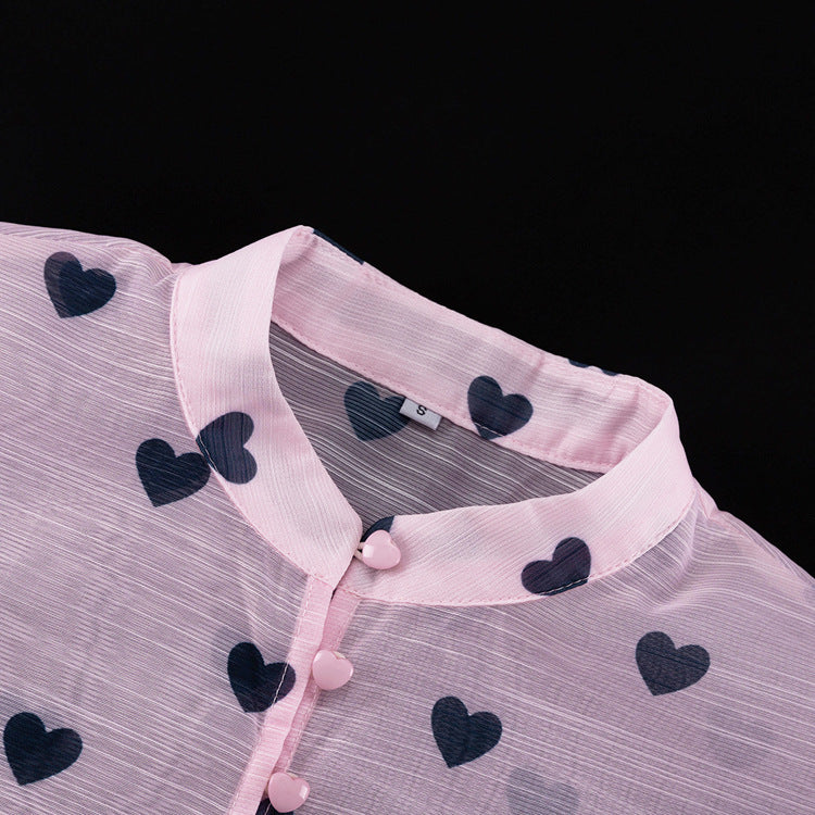 Women’s Three Piece Skirt Set – Elegant Heart Print Top and Maxi Skirt