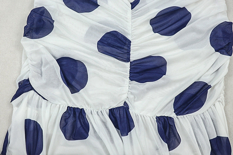 Women’s Polka Dot Backless Maxi Dress – Sleeveless Bodycon Split Dress with Ruched Tie Detail