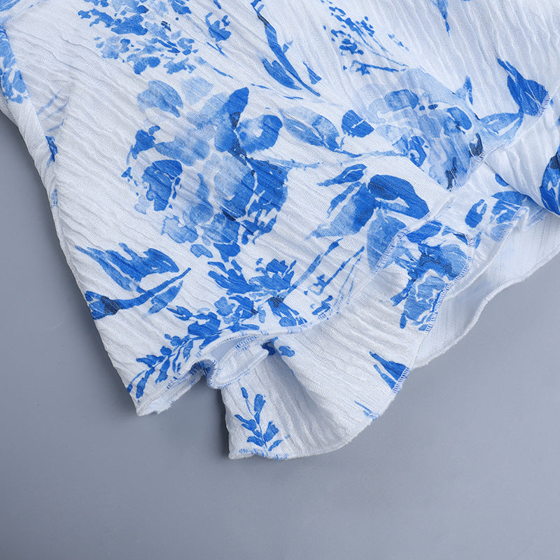 Blue & White Printed Fishtail Dress: Half Turtleneck Long Sleeve Maxi