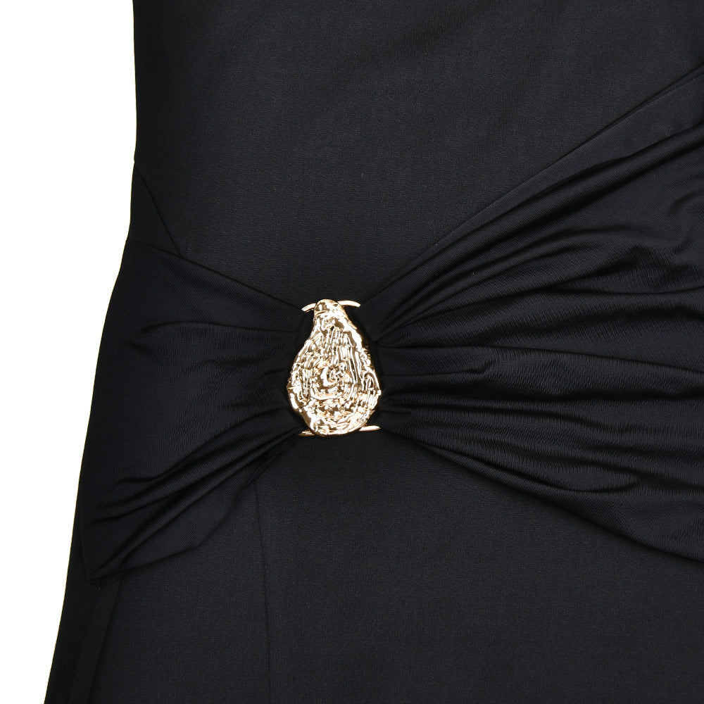 Pleated High Split Maxi Dress: Round Neck Bodycon Slim Fit for Women