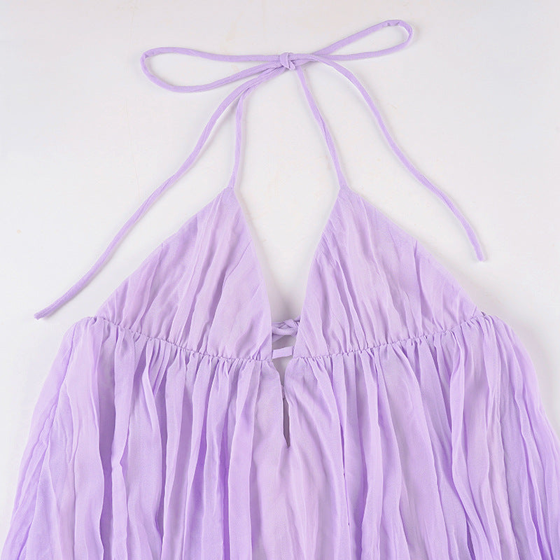 Halter Backless Ruched Mini Dress | Cutout Tie A-Line Vacation Dress | Purple
