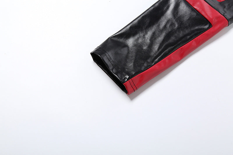 Women’s Cropped Leather Jacket – Slim Fit Zipper Motorcycle Coat, Color Block