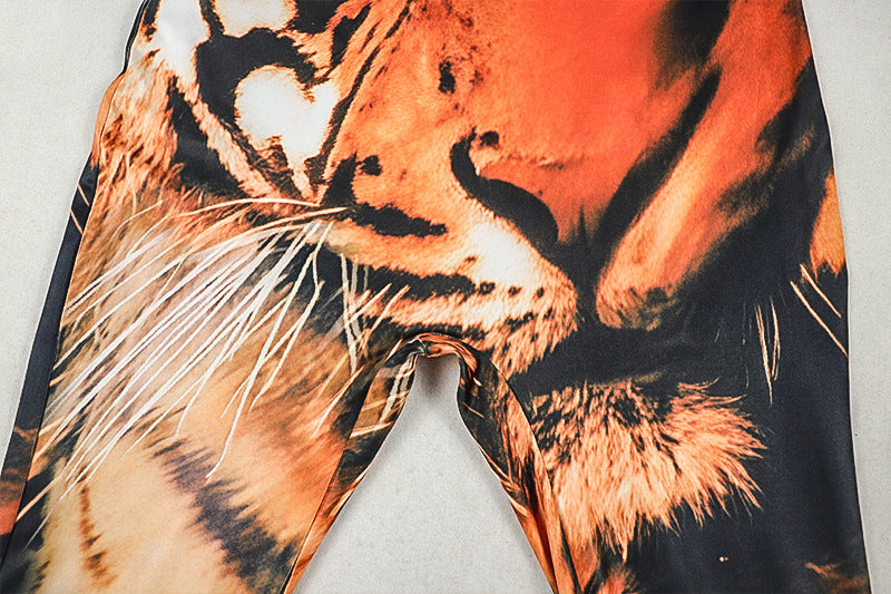 Women’s Tiger Print Jumpsuit – Sleeveless V-Neck Slim Fit, Full Length