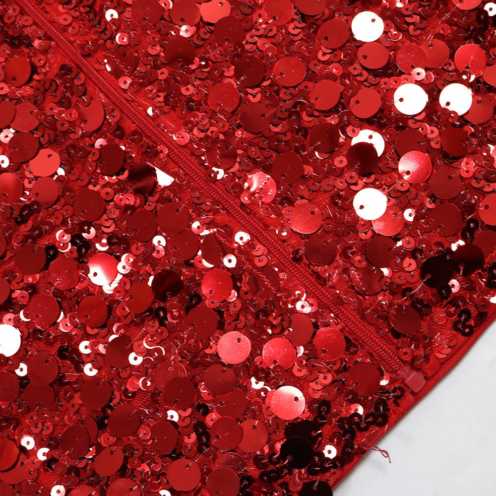 Red Velvet & Sequin Two Piece Set: Long Sleeve Top & High Slit Skirt