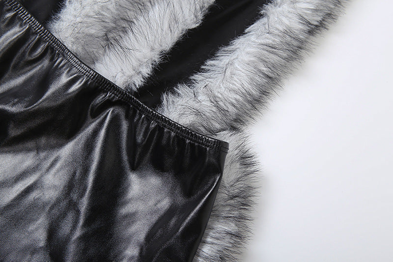 Faux Leather Halter Dress: Deep V Plunge Neck with Fur Trim Stitching