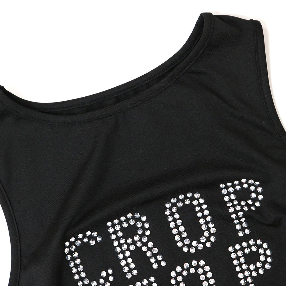 Women’s Sleeveless Crop Top & Mini Skirt Set – Graphic Rhinestone Summer Two-Piece Outfit