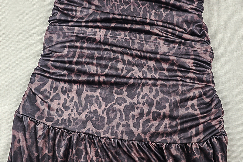 Women's Leopard Print Maxi Dress – Off-Shoulder Long Sleeve Backless Split Dress